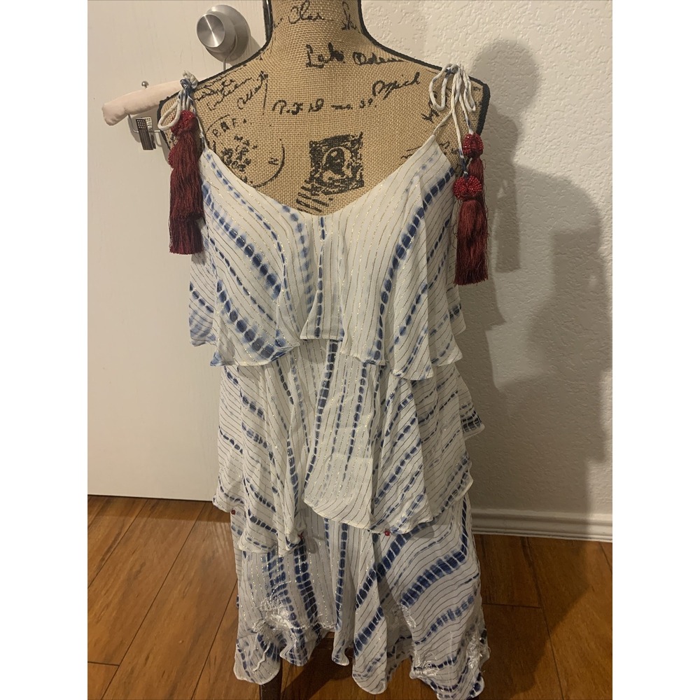 hemant nandita Mini Dress Sexy Ruffled W Belt White Golden Stripes Sexy